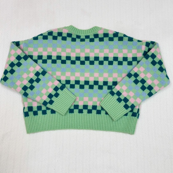 COTTON ON green pink blue checkered boxy cropped sweater - sz S - cozy, crewneck - Picture 2 of 10